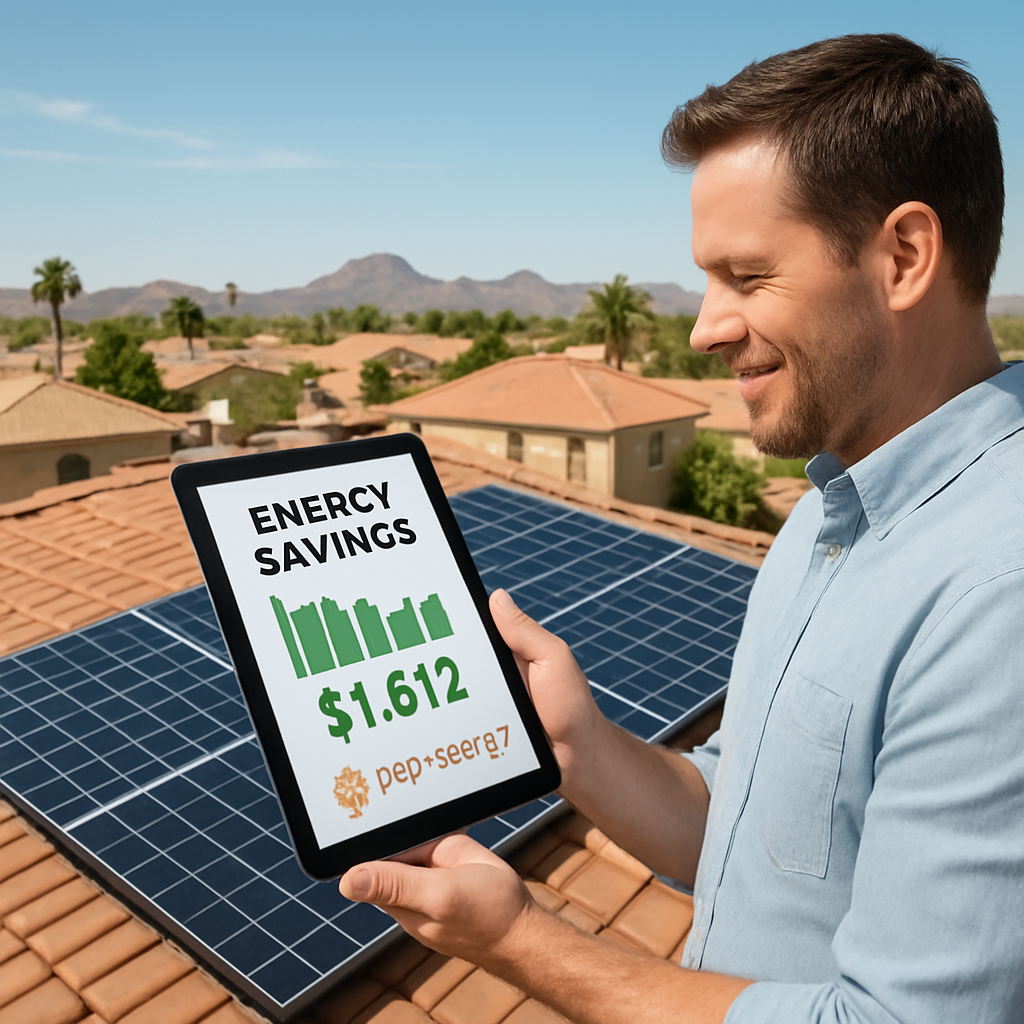 A sunny Arizona suburban rooftop with solar panels installed, showing a homeowner looking at a tablet displaying energy savings. Alt: Arizona solar incentives rooftop savings illustration.