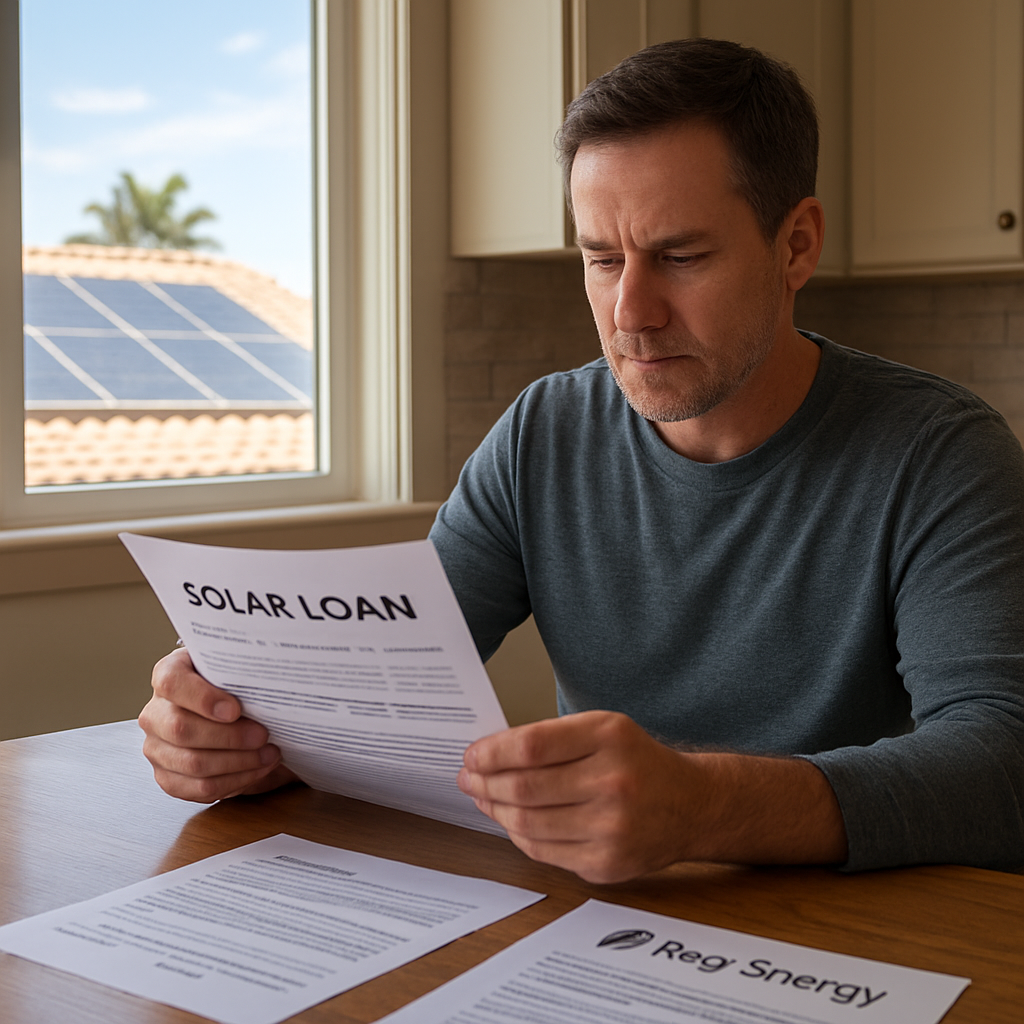 An Arizona homeowner reviewing solar loan documents on a kitchen table, with a sunny rooftop view through the window. Alt: financing options for Arizona solar incentives