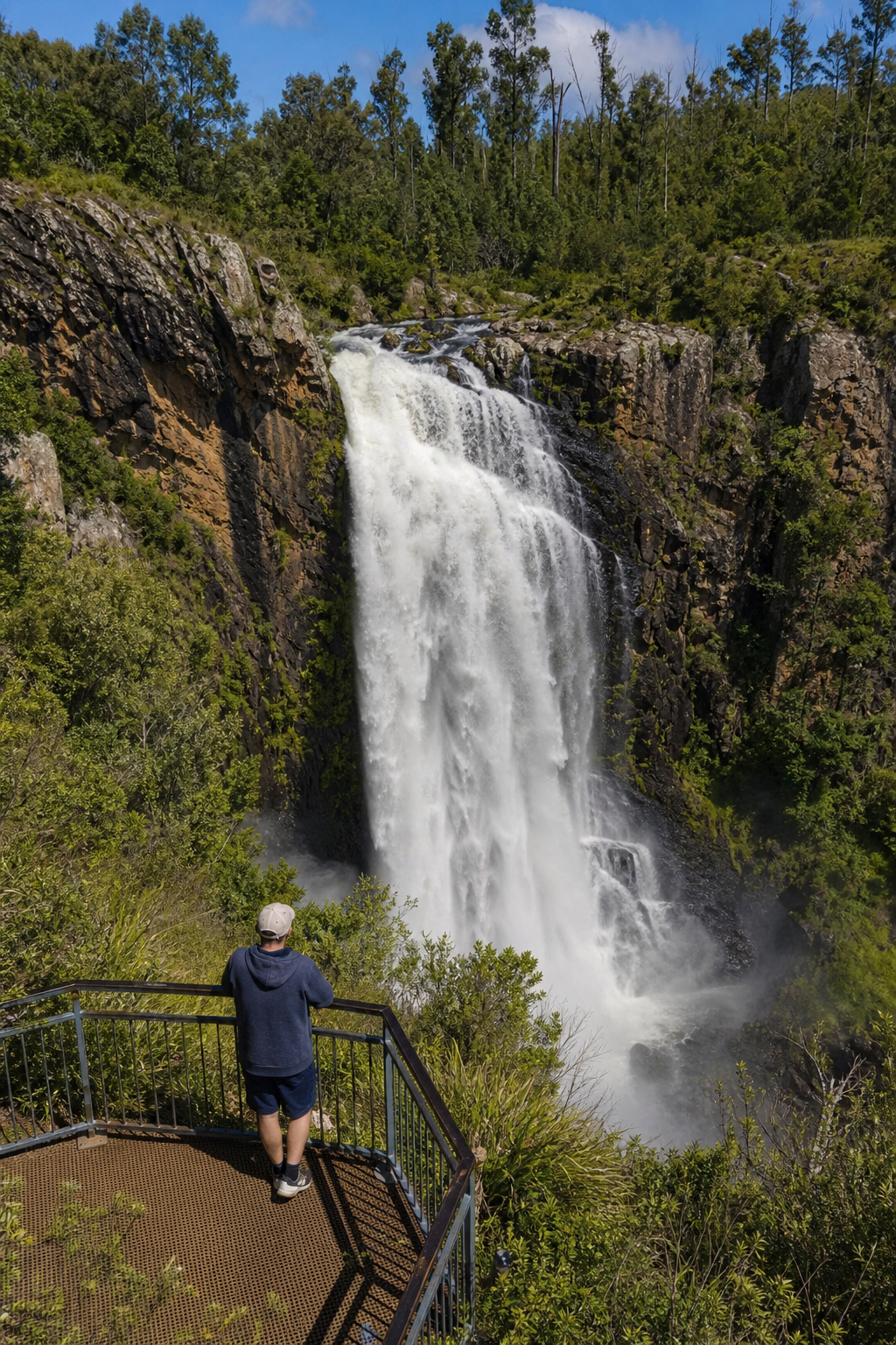 A photorealistic wide-angle shot of Wollomombi Falls in full flow, with a person standing on the lookout platform. Alt: Wollomombi Falls near Armidale