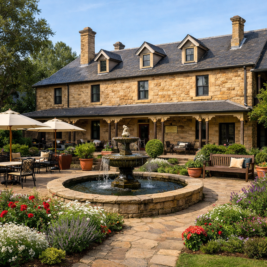 A realistic view of a heritage stone lodge with garden courtyard in Armidale, NSW. Alt: heritage accommodation Armidale