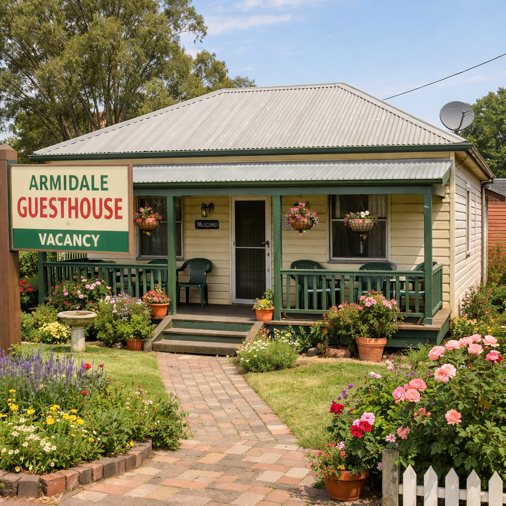 A realistic scene of a modest guesthouse with a front porch and garden in Armidale, NSW. Alt: budget guesthouse Armidale