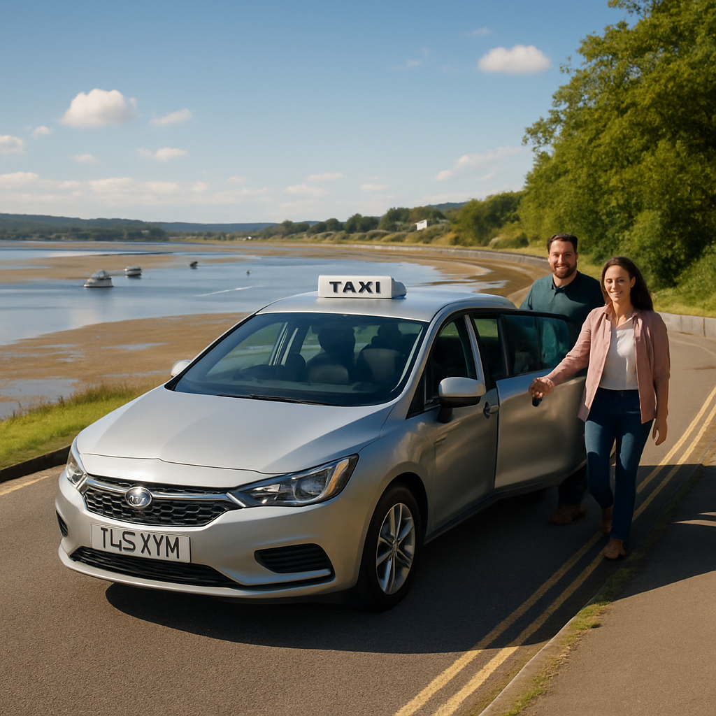 A sunny coastal road winding past Arnside harbour with a modern taxi parked at the curb, passengers smiling as they step out. Alt: Arnside taxi on scenic coastal road providing local transport