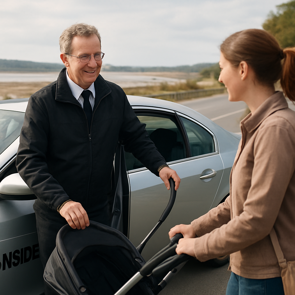 A friendly Arnside taxi driver opening the door for a passenger with a stroller, coastal road in the background. Alt: Arnside taxi safe comfortable ride tips illustration.
