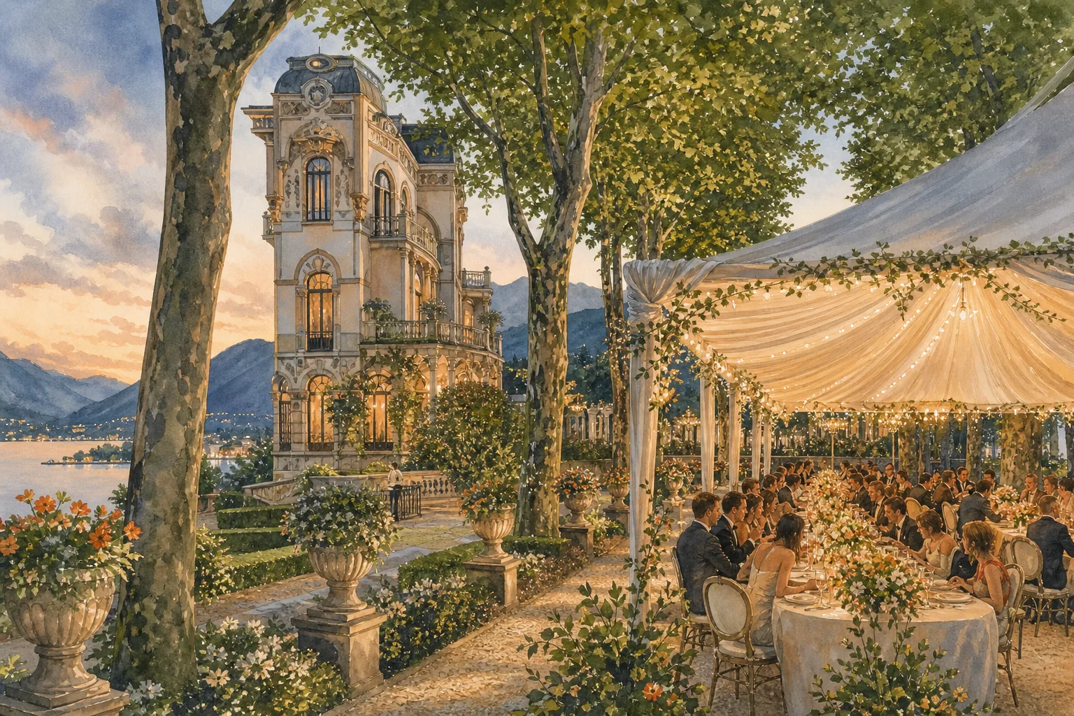 Outdoor wedding celebration in the gardens of Villino Rubini Brunate