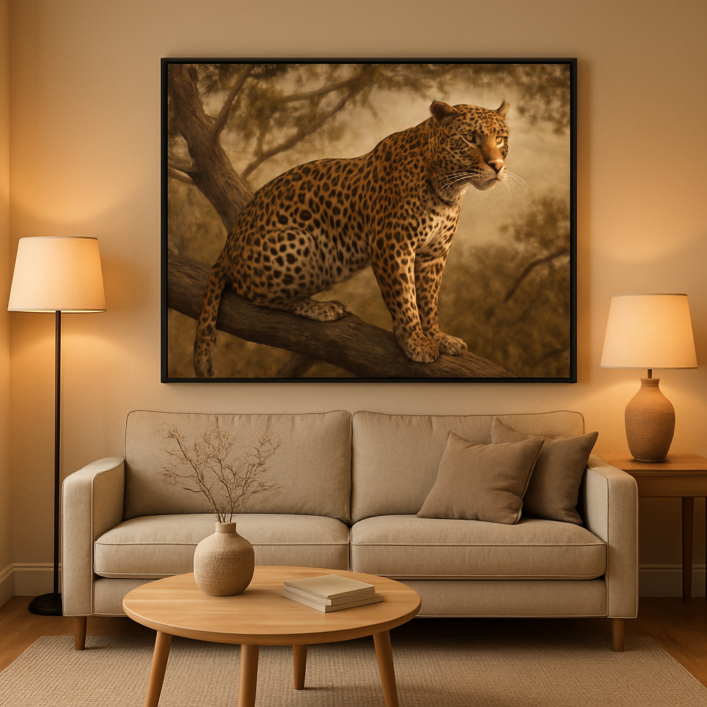 A living room with a large animal print hanging above a sofa, warm lighting, and minimalist décor. Alt: Animal print hanging in a modern living room