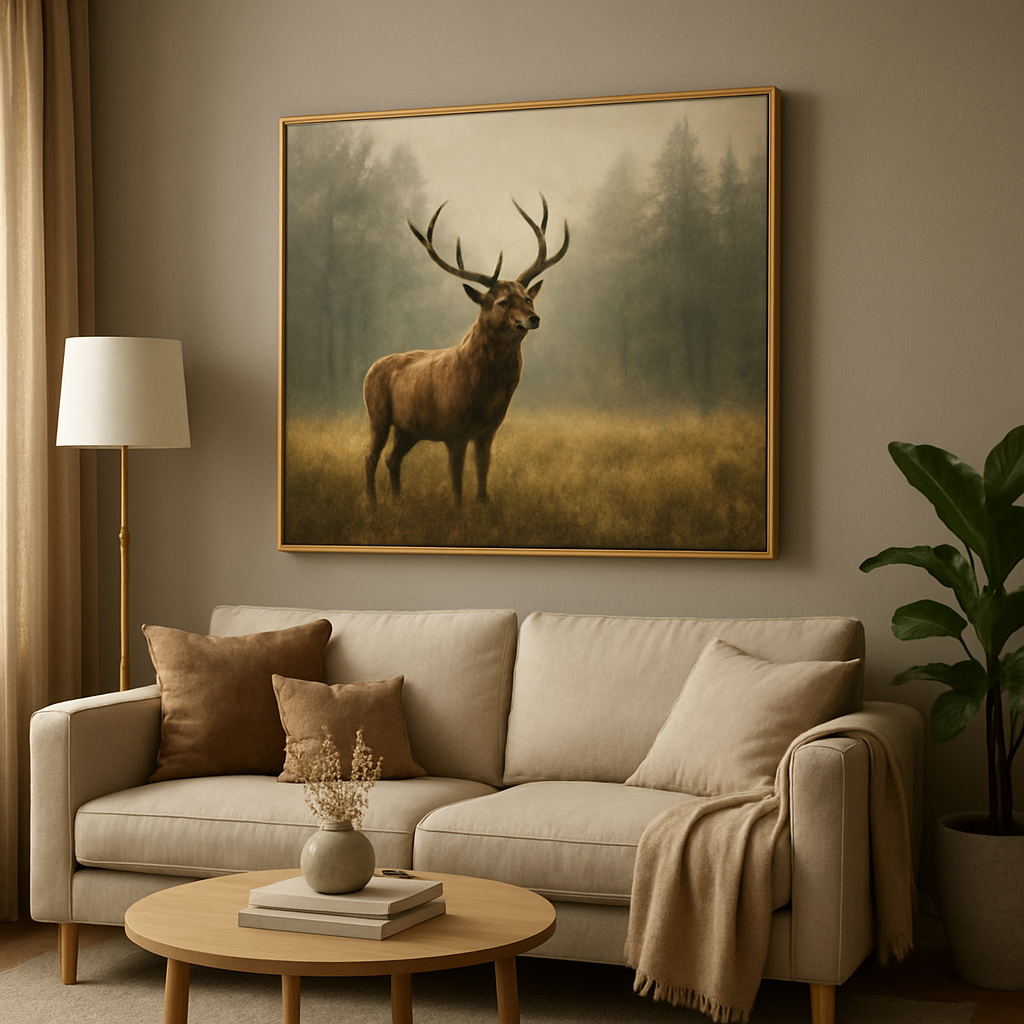A cozy living room with a muted wall color and a large wildlife art print hanging above a sofa. Alt: Wildlife art print hanging on a neutral wall.