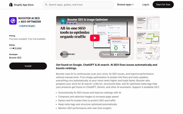 Screenshot of the Booster AI SEO Optimizer listing on the Shopify App Store