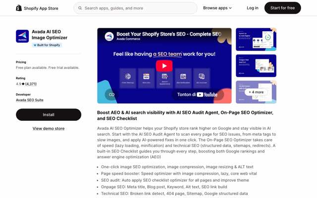 Screenshot of the Avada AI SEO Image Optimizer listing on the Shopify App Store