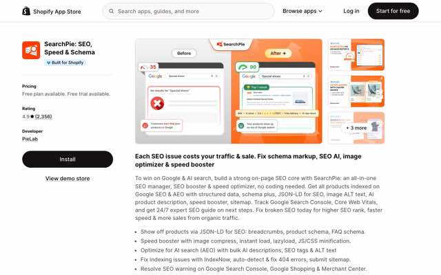 Screenshot of the SearchPie SEO, Speed and Schema listing on the Shopify App Store
