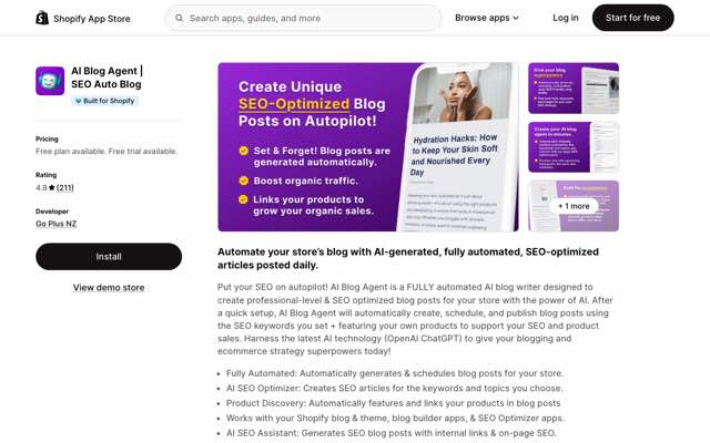Screenshot of the AI Blog Agent listing on the Shopify App Store