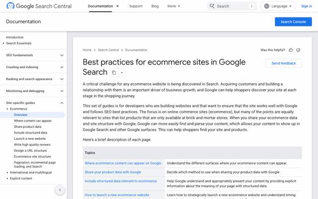 Screenshot of the Google Search Central ecommerce SEO documentation