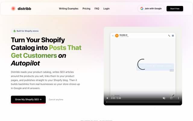 Screenshot of the Distribb Shopify SEO page