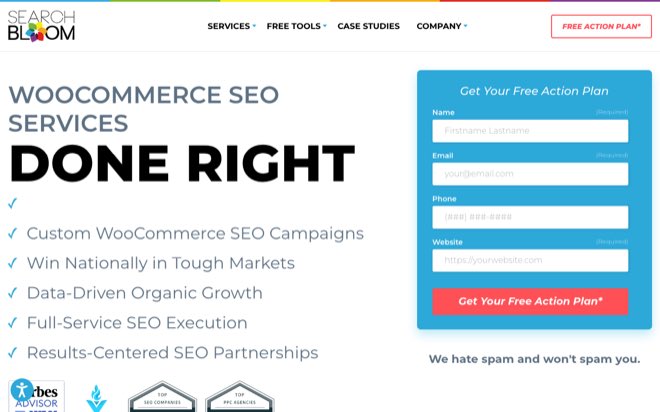 Screenshot of the Searchbloom WooCommerce SEO services page