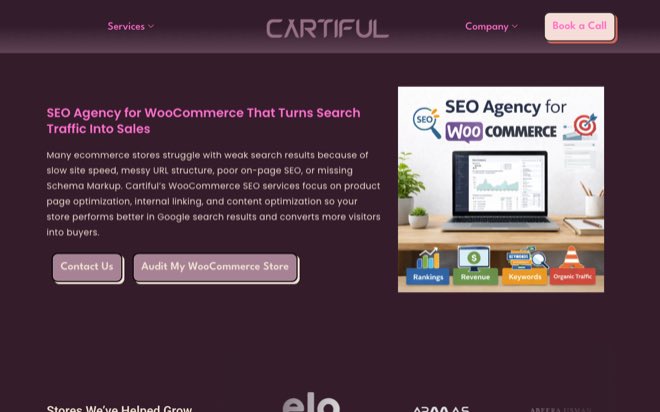 Screenshot of the Cartiful WooCommerce SEO agency page