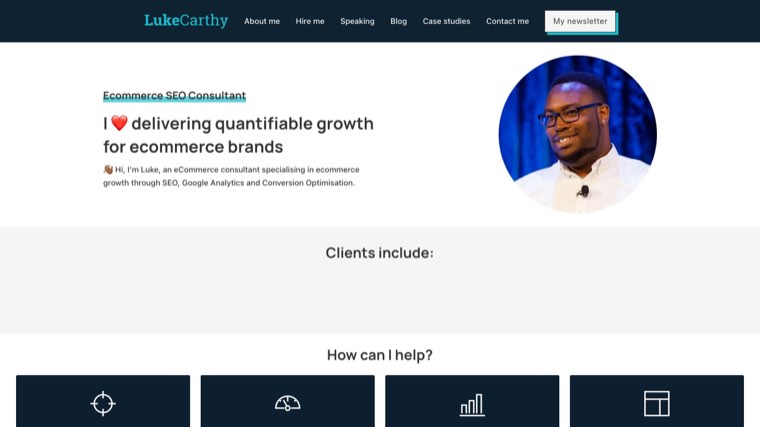 Luke Carthy homepage describing ecommerce SEO, CRO and Google Analytics consulting