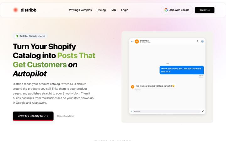 Screenshot of the Distribb Shopify landing page
