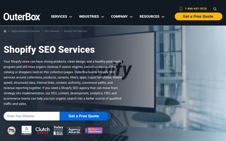 Screenshot of the OuterBox Shopify SEO services page