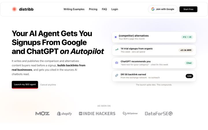 Screenshot of the Distribb SaaS landing page