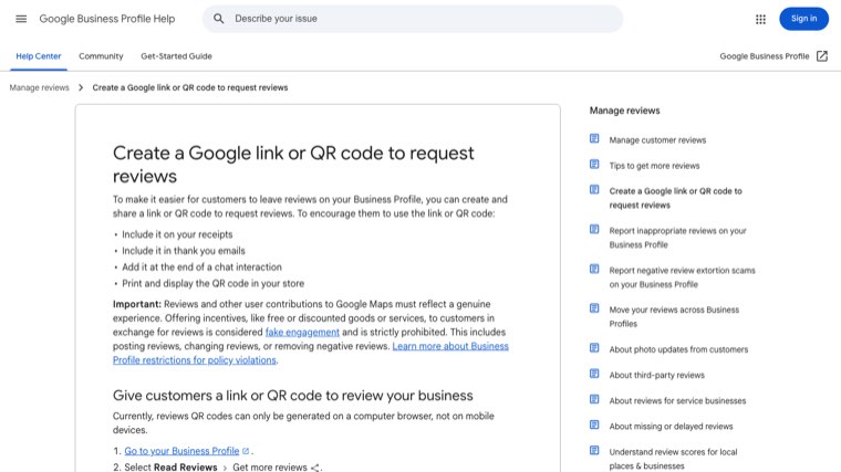 Google Business Profile Help page: create a Google link or QR code to request reviews