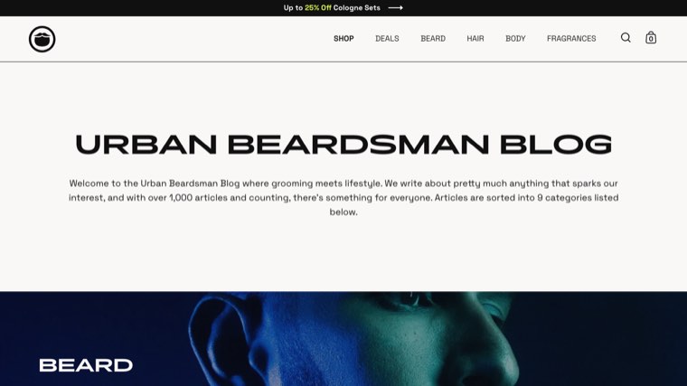 Beardbrand Urban Beardsman blog on Shopify, introducing over 1,000 articles in 9 categories