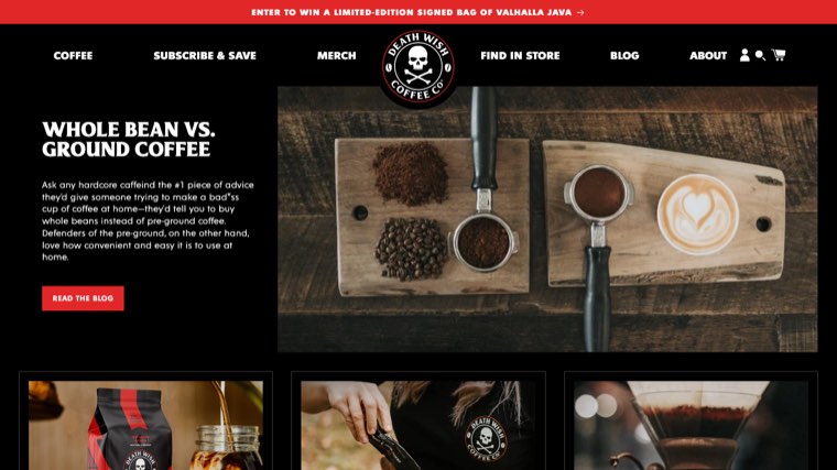 Death Wish Coffee blog on Shopify featuring a whole bean vs ground coffee article