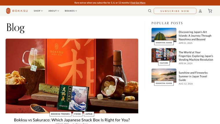 Bokksu blog on Shopify showing a Bokksu vs Sakuraco comparison post with food and Japan tags
