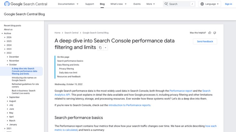 Google Search Central blog post explaining Search Console performance data filtering and row limits