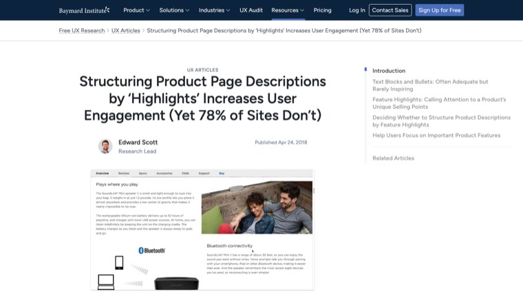 Baymard Institute article on structuring product page descriptions by feature highlights