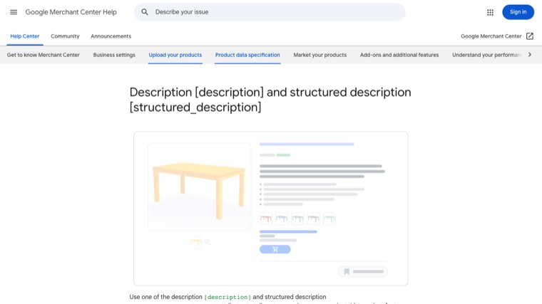 Google Merchant Center help page for the description and structured description attributes