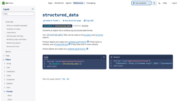Shopify developer documentation for the structured_data Liquid filter showing Product and ProductGroup output