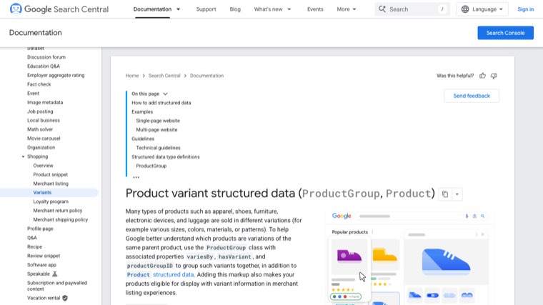 Google Search Central documentation for product variant structured data using ProductGroup