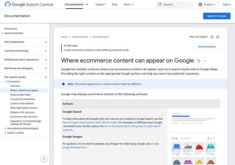 Google Search Central documentation page titled Where ecommerce content can appear on Google, listing Google Search and Google Images as surfaces
