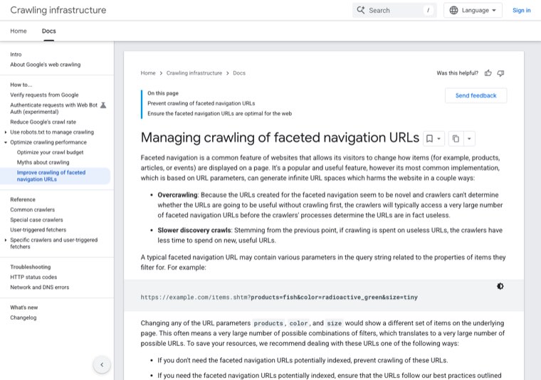 Google crawling documentation titled Managing crawling of faceted navigation URLs explaining overcrawling and slower discovery crawls