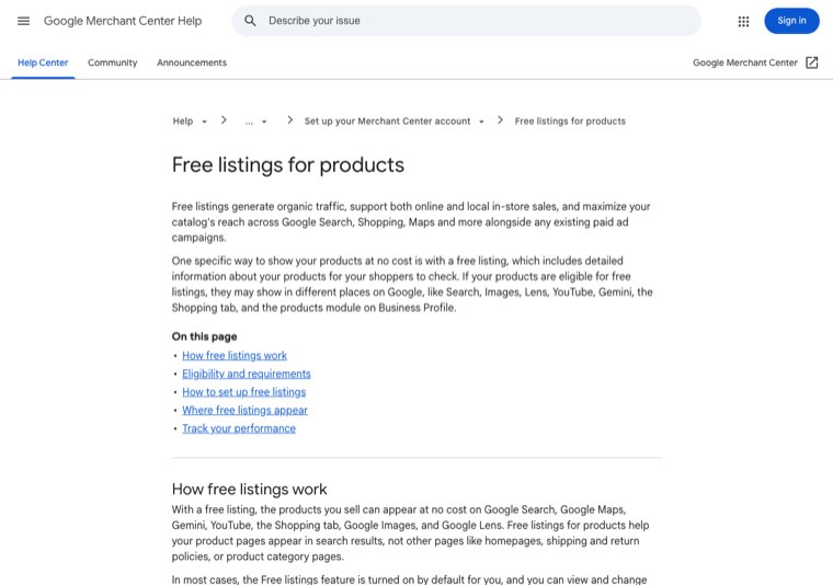 Google Merchant Center Help page titled Free listings for products explaining products can show at no cost across Search, Images, Lens, YouTube, Gemini and the Shopping tab