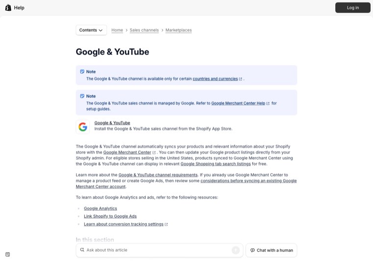 Shopify Help Center page for the Google and YouTube channel explaining it syncs products with Google Merchant Center and can show them in Shopping tab listings for free