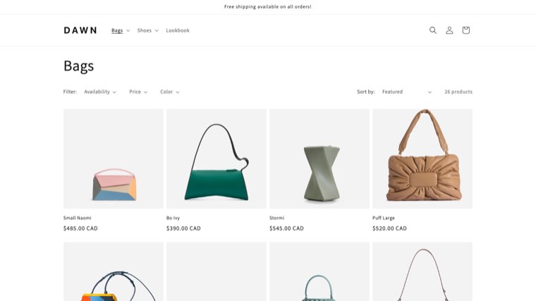 The Bags collection page on Shopify's Dawn theme demo store, showing filters, sort order and the product grid