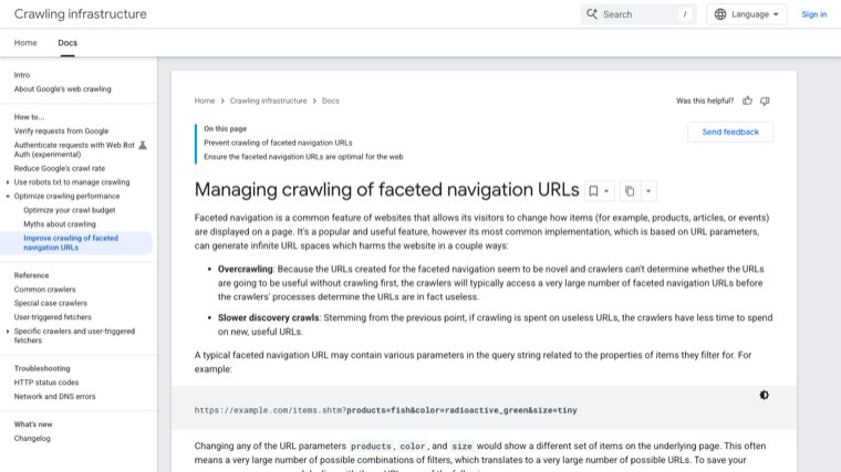 Google Crawling Infrastructure documentation page titled Managing crawling of faceted navigation URLs