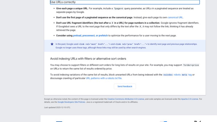 Google Search Central pagination best practices showing the rule not to use the first page as the canonical page
