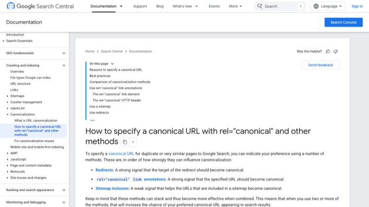 Google Search Central documentation listing redirects, rel canonical and sitemap inclusion as canonicalization methods in order of strength