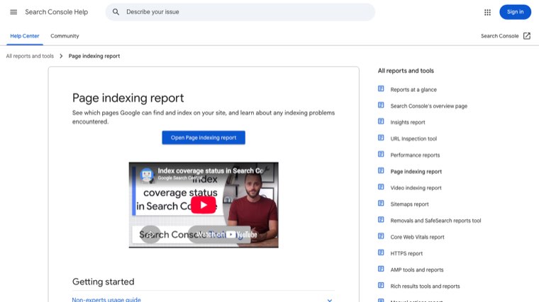 Google Search Console Help page for the Page indexing report
