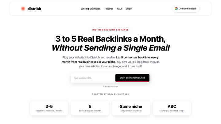 Screenshot: Distribb backlink exchange page showing 3 to 5 real backlinks a month