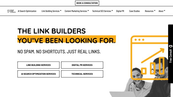 Screenshot: Page One Power link building services homepage
