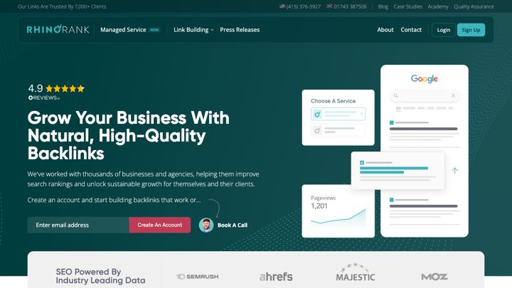 Screenshot: Rhino Rank white label link building homepage