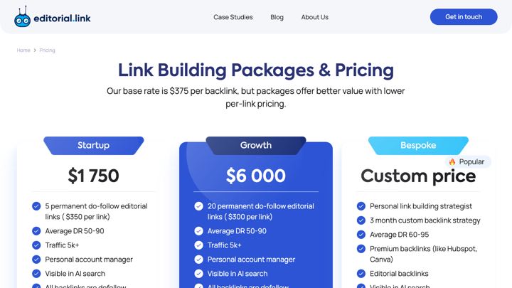 Screenshot: Editorial.Link link building packages and pricing