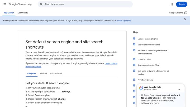 Screenshot: Google Chrome Help page with the steps to set a default search engine