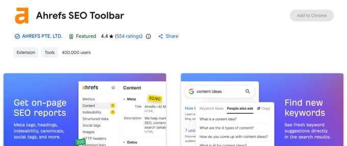 Ahrefs SEO Toolbar listing in the Chrome Web Store