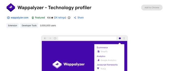 Wappalyzer listing in the Chrome Web Store
