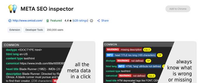 META SEO inspector listing in the Chrome Web Store