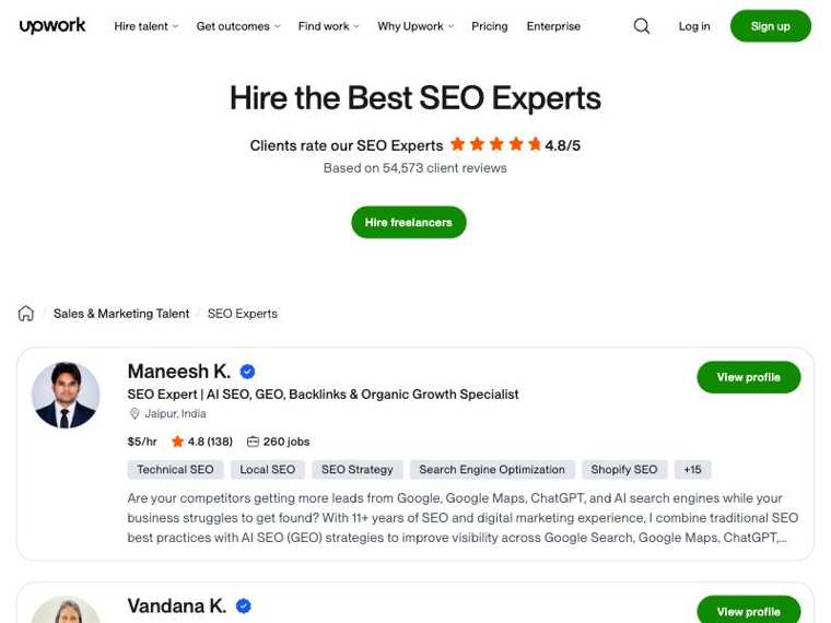 Upwork SEO experts page