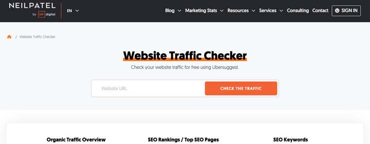 Ubersuggest Website Traffic Checker on neilpatel.com
